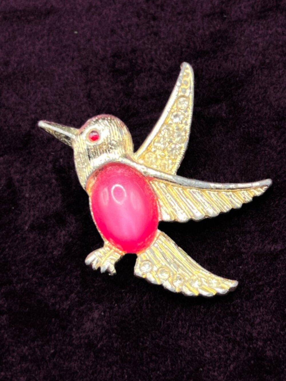 Midcentury Gold Bird Brooch With Pink Cat's Eye Cabochon